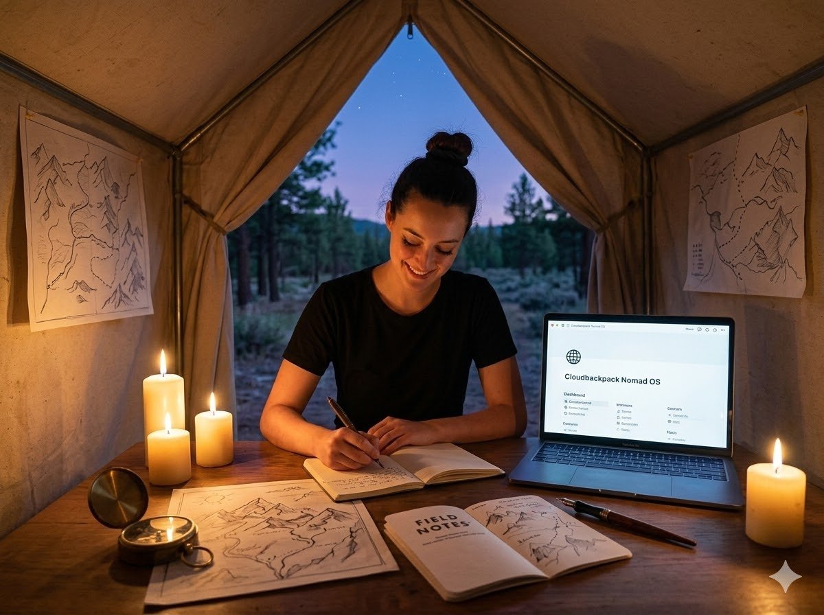 A traveler at their basecamp desk