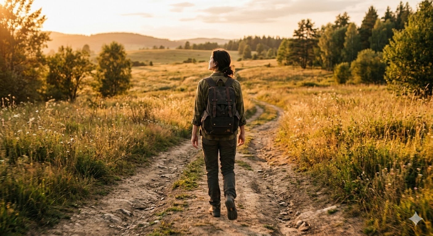 A person walking at golden hour